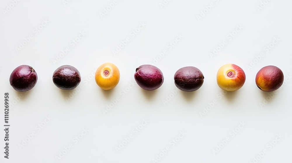 Coffee cherries in a gradient display showcasing various ripe colors on a clean white background for coffee-related themes. Coffee cherries in a gradient display showcasing various ripe colors on a clean white background for coffee-related themes.