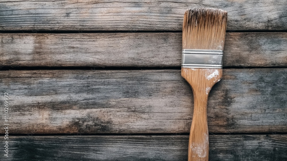 Brush with white paint resting on aged wooden surface illustrating DIY renovation and artistic projects