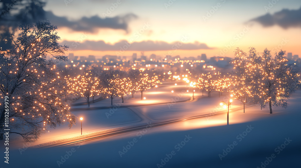 A serene winter evening with glowing lights in a snowy landscape. A serene winter evening with glowing lights in a snowy landscape.