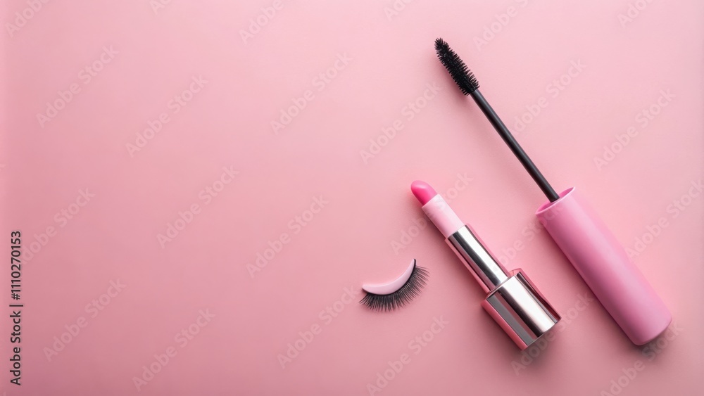 A Flat Lay of Beauty Products with a Pink Background Featuring a Lipstick, Mascara and False Eyelashes A Flat Lay of Beauty Products with a Pink Background Featuring a Lipstick, Mascara and False Eyelashes