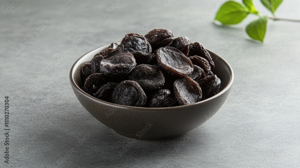 Obraz premium Dried salted plums in a black bowl on a gray surface with fresh greenery as a background. Ideal for culinary and food photography.