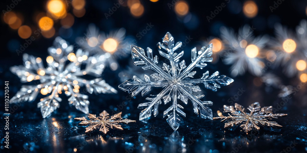 Magical white snowflakes over glitter dark background