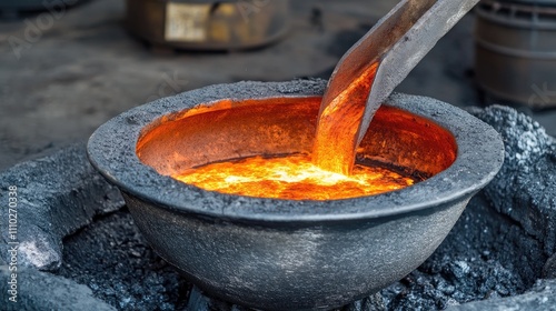Molten metal pouring from a ladle into a crucible at a metallurgical plant showcasing industrial foundry processes and high-temperature operations