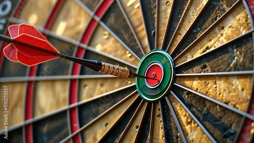 Dart hits bullseye on a traditional dartboard during a backyard game under clear skies