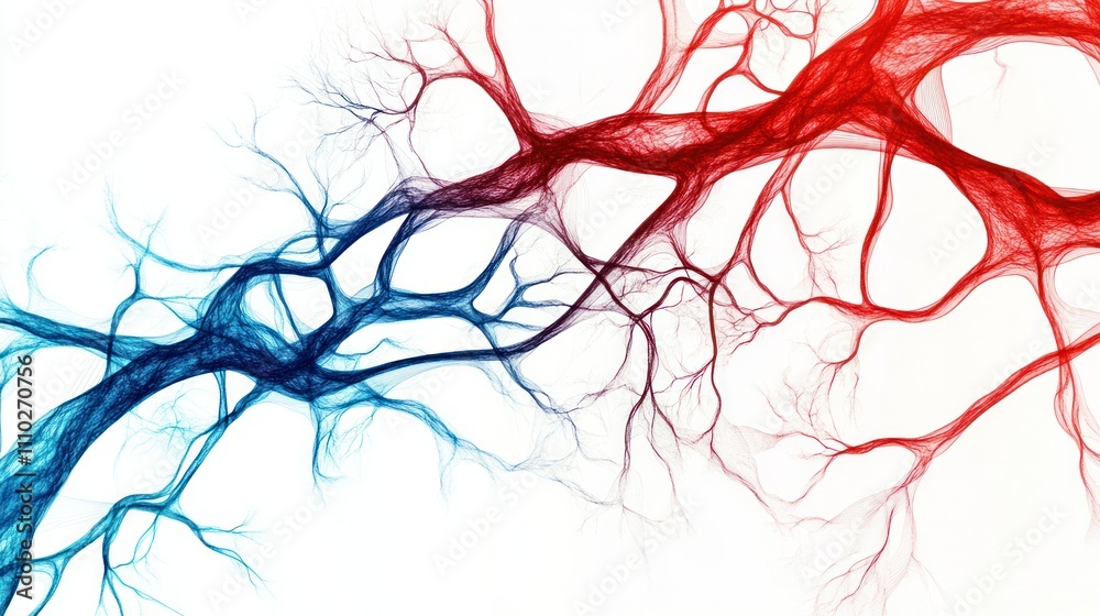 Artistic circulatory system depiction, abstract red and blue branching lines, clean white background Artistic circulatory system depiction, abstract red and blue branching lines, clean white background