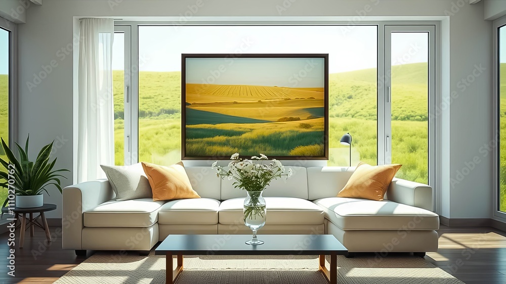 Fototapeta premium Modern living room interior design showcasing a sectional sofa, large windows with a view of a tranquil landscape, and a framed nature print above a coffee table with a floral arrangement.