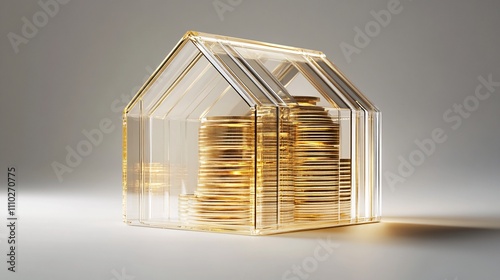 69.A highly detailed 3D render of a house-shaped coin bank made of clear, transparent material. The interior shows gold coins stacked inside, their reflective surfaces visible through the bankâ€™s