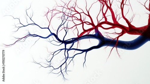 Artistic circulatory system depiction, abstract red and blue branching lines, clean white background