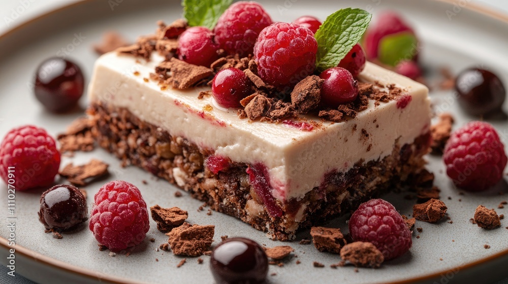 Delicious dessert slice garnished with raspberries and chocolate on a neutral plate with vibrant berry accents Delicious dessert slice garnished with raspberries and chocolate on a neutral plate with vibrant berry accents