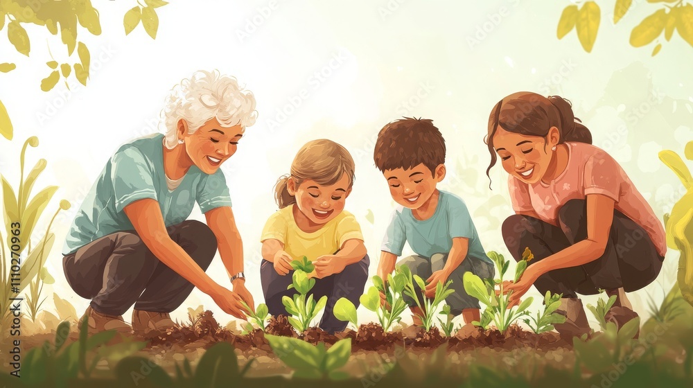 Fototapeta premium Intergenerational Family Gardening and Connection