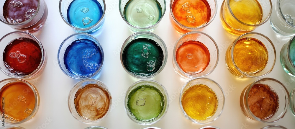 Aerial view of colorful glass cups filled with dyed water and Easter eggs for seasonal decoration and celebration imagery Aerial view of colorful glass cups filled with dyed water and Easter eggs for seasonal decoration and celebration imagery