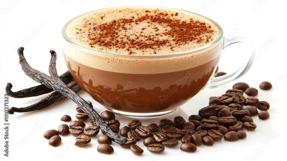 Fragrant coffee latte in a glass cup with vanilla pods and coffee beans on a white background showcasing a rich beverage presentation Fragrant coffee latte in a glass cup with vanilla pods and coffee beans on a white background showcasing a rich beverage presentation