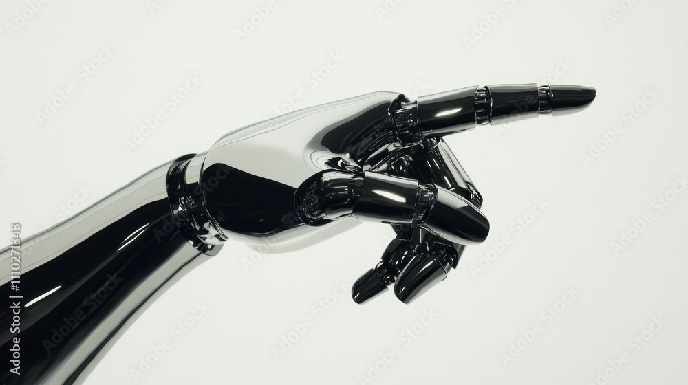 Chrome and black robotic hand extended in a pointing gesture, high-tech vibe on white background Chrome and black robotic hand extended in a pointing gesture, high-tech vibe on white background