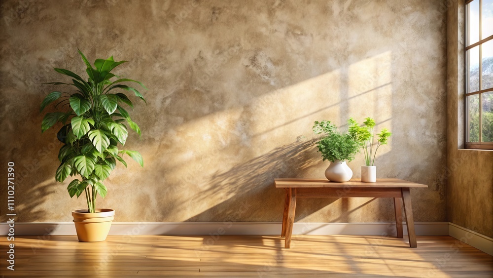 Sunlight streams through a window, illuminating a wooden table and potted plants against a textured wall in a minimalist interior. Sunlight streams through a window, illuminating a wooden table and potted plants against a textured wall in a minimalist interior.