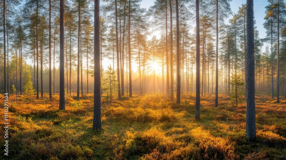 Serene forest meadow at sunrise with dew drops, gentle morning fog, and golden sunlight illuminating the picturesque landscape. Serene forest meadow at sunrise with dew drops, gentle morning fog, and golden sunlight illuminating the picturesque landscape.