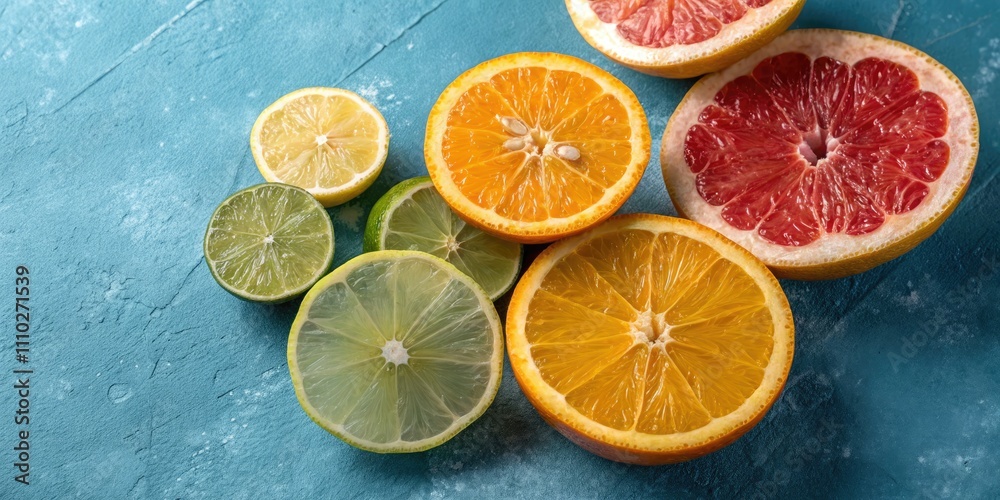 Vibrant Sliced Citrus Fruits on a Cool Blue Textured Surface - Refreshing Lemon, Lime, Orange, and Grapefruit Display for Food Photography, Culinary Art, and Colorful Composition Vibrant Sliced Citrus Fruits on a Cool Blue Textured Surface - Refreshing Lemon, Lime, Orange, and Grapefruit Display for Food Photography, Culinary Art, and Colorful Composition