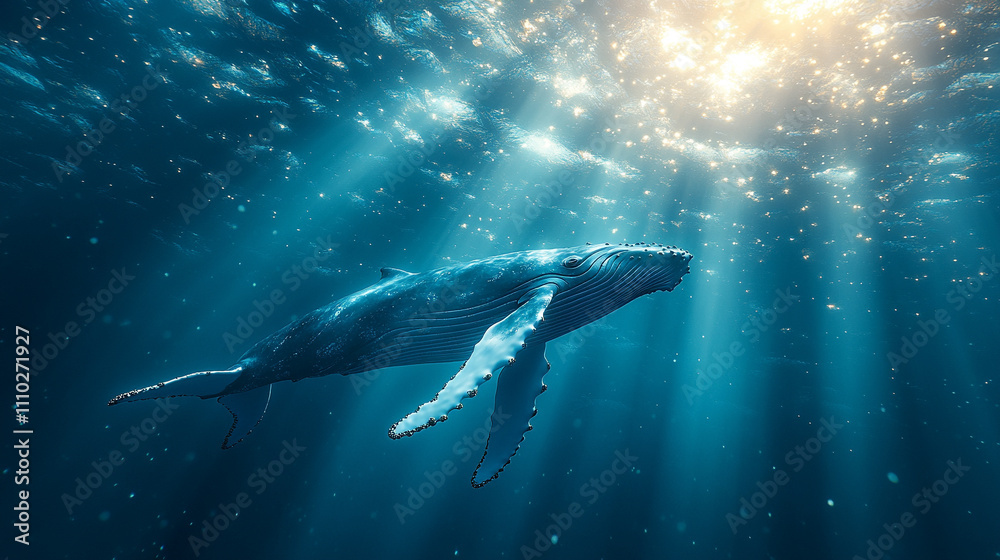 Obraz premium surreal depiction of a humpback whale floating through fluffy white clouds against a bright blue sky symbolizing freedom imagination environmental harmony and the blending of ocean and sky