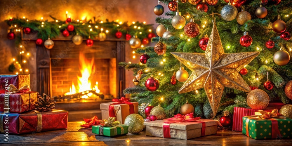 A Christmas tree adorned with ornaments and twinkling lights stands proudly in front of a roaring fireplace, creating a festive scene of warmth and celebration. A Christmas tree adorned with ornaments and twinkling lights stands proudly in front of a roaring fireplace, creating a festive scene of warmth and celebration.