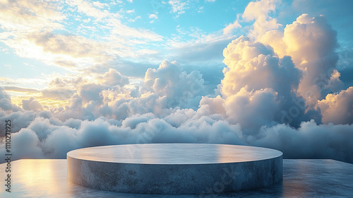 white stone podium stands against a backdrop of soft, blurred clouds symbolizing purity, clarity, and the potential for new beginnings in a serene and tranquil setting