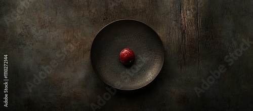 Artistic arrangement of a single red berry on a dark plate against a textured wooden background with ample copy space for design use photo