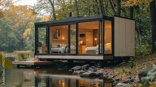 Cozy tiny house on wheels situated by a tranquil lake in autumn scenery