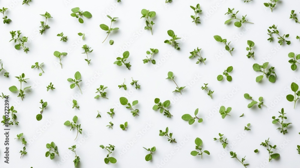 Fototapeta premium Fresh oregano leaves arranged artistically on a white background showcasing their vibrant green colors and natural texture for culinary use.