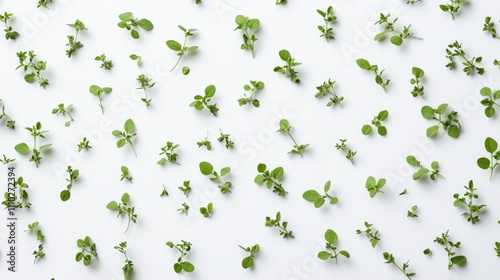 Fresh oregano leaves arranged artistically on a white background showcasing their vibrant green colors and natural texture for culinary use.