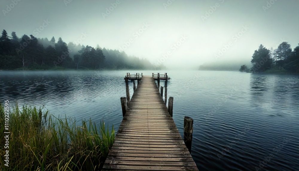 A tranquil wooden pier stretches into a serene lake surrounded by misty forest, creating a calm and atmospheric scene.