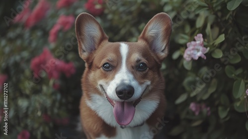 Welsh corgi dog smiling with tongue out surrounded by flowers in a green garden during a sunny day in summer or autumn season photo