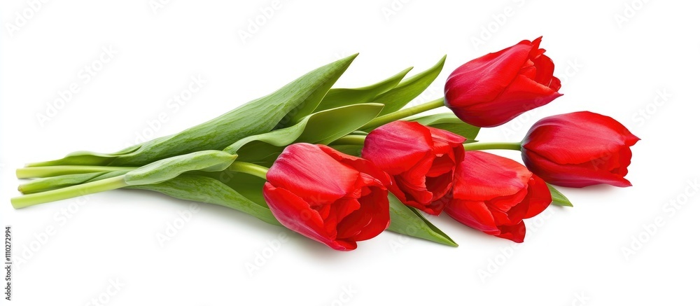 Vibrant red tulip bouquet with lush green leaves against a clean white background ideal for spring-themed designs and floral arrangements