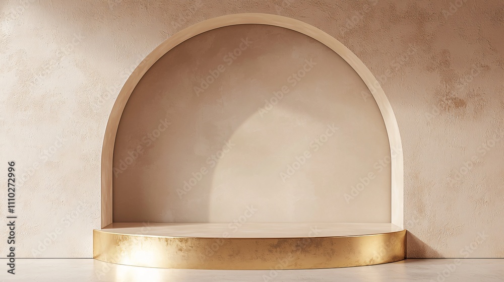 Minimalist arch backdrop in muted beige with a golden platform for exhibitions or presentations Minimalist arch backdrop in muted beige with a golden platform for exhibitions or presentations