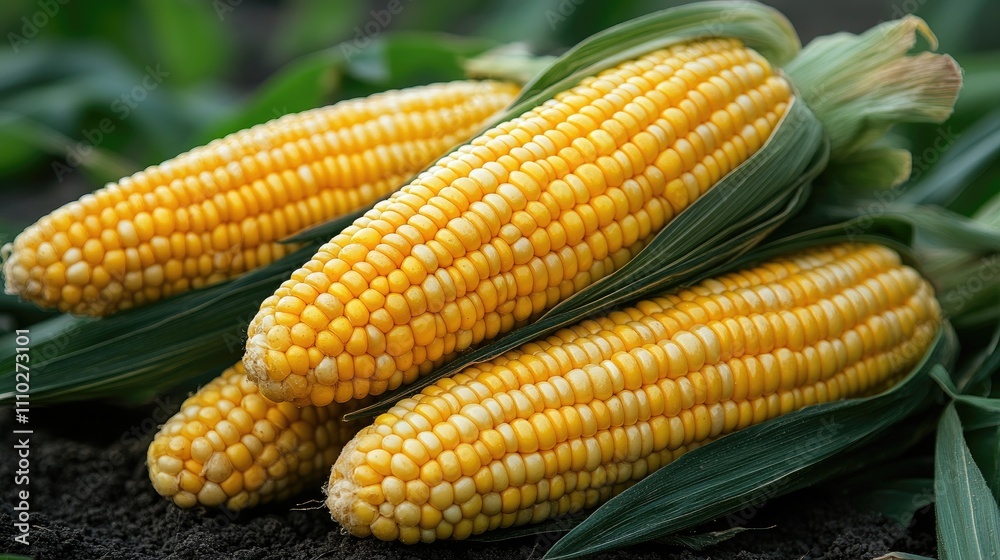 Ripe corn cobs with vibrant yellow kernels showcasing healthy agriculture under sunset with contrasting green leaves and natural blue background Ripe corn cobs with vibrant yellow kernels showcasing healthy agriculture under sunset with contrasting green leaves and natural blue background