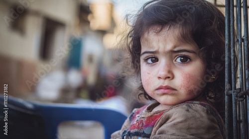 Arab girl child behind cage with cinematic soft lighting and focus