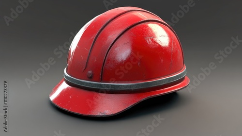 Red Safety Helmet with Wear and Tear for Engineering and Construction Use photo