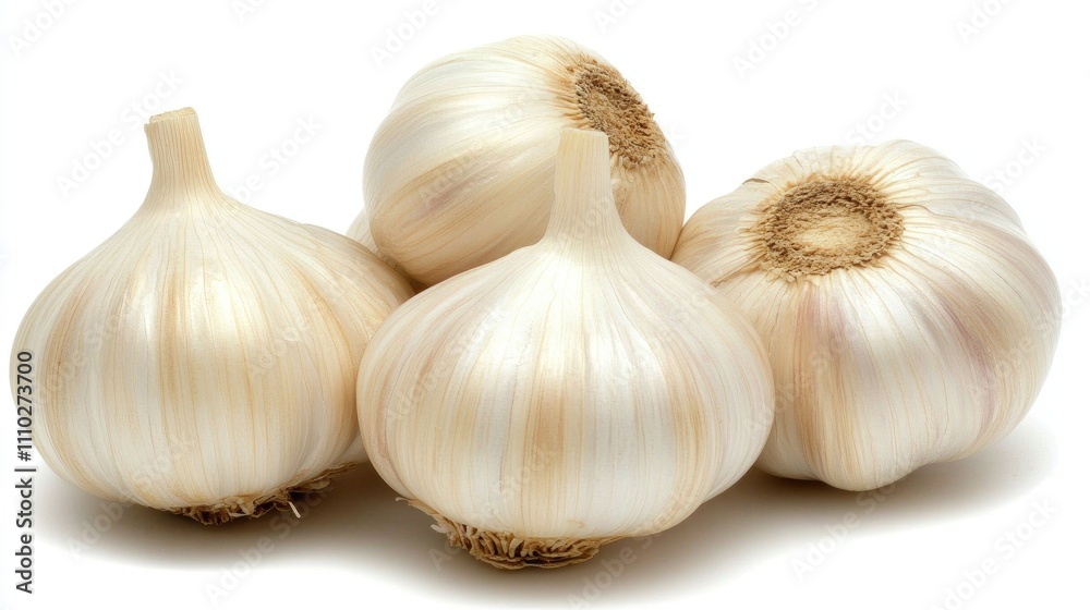 Fresh garlic bulbs arranged elegantly on a clean white background showcasing their natural shine and texture for culinary uses and recipes. Fresh garlic bulbs arranged elegantly on a clean white background showcasing their natural shine and texture for culinary uses and recipes.