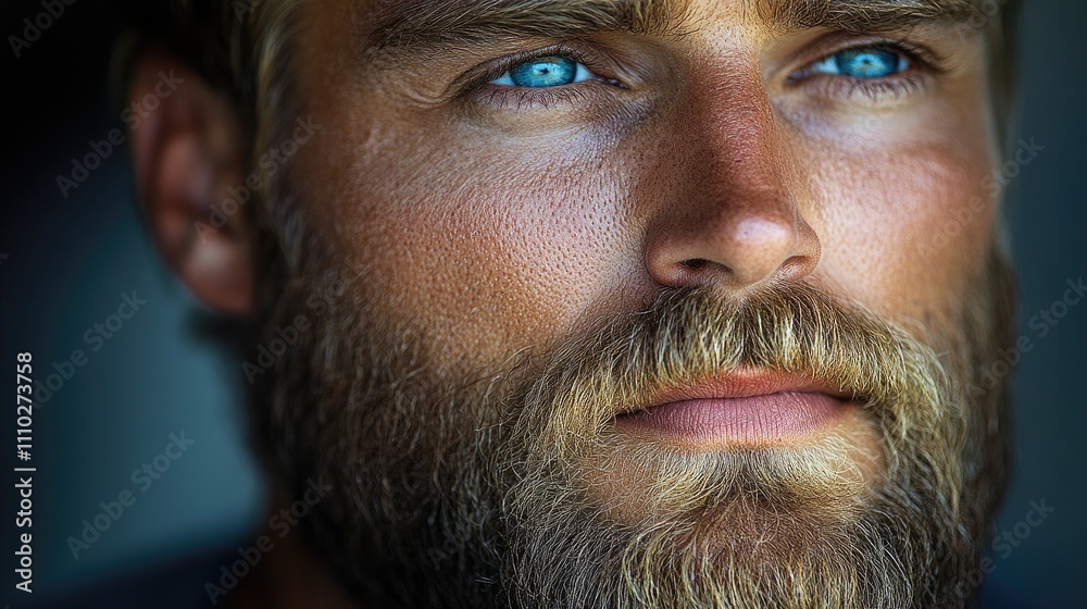 Handsome man with a beard and striking blue eyes reflecting deep contemplation and intensity in a close-up portrait. Handsome man with a beard and striking blue eyes reflecting deep contemplation and intensity in a close-up portrait.