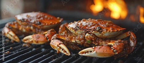 Garlic blue crabs in rich tomato sauce cooked over an open flame showcasing mouthwatering elegance and culinary delight