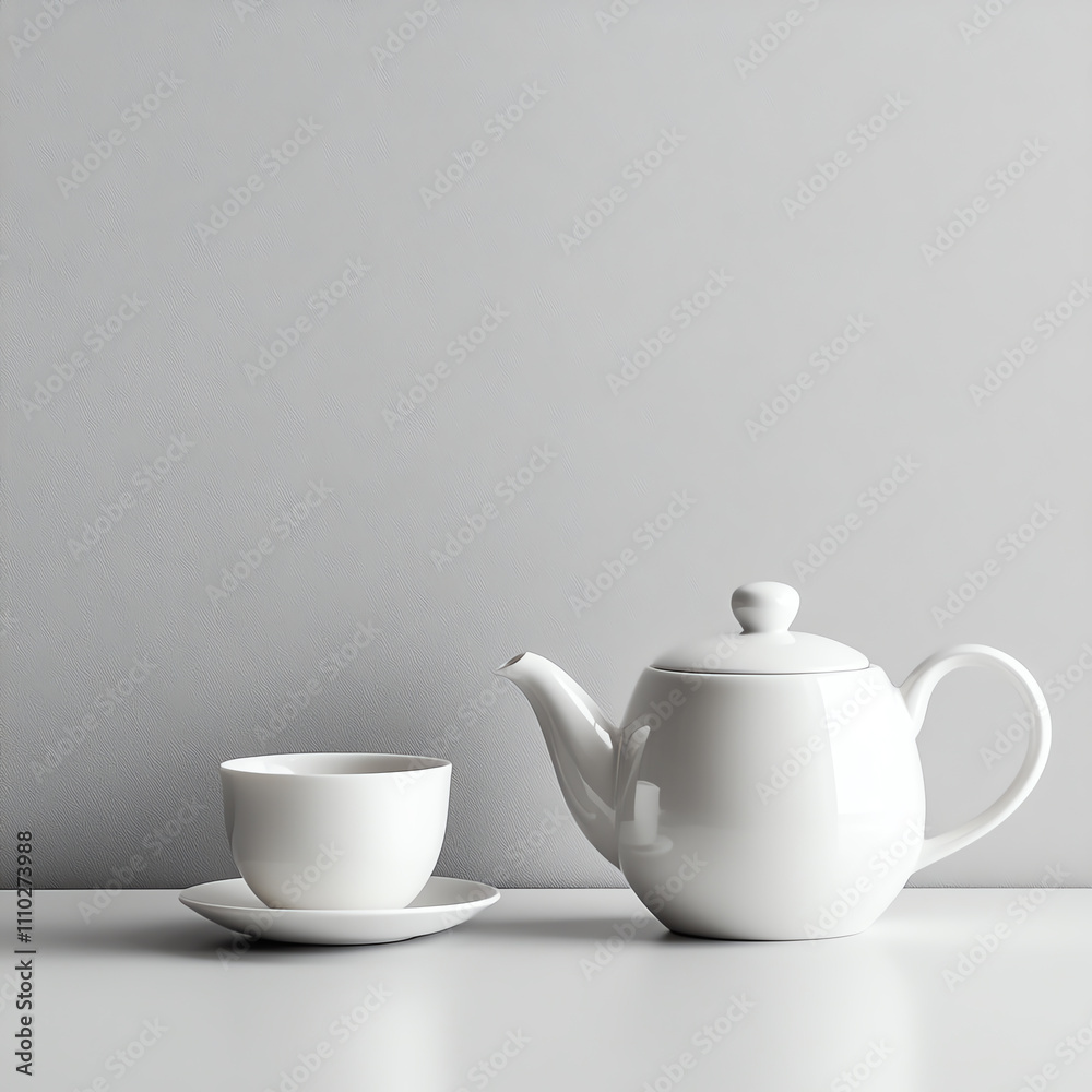 Elegant white tea set with teapot and cup on a minimalist background. Elegant white tea set with teapot and cup on a minimalist background.