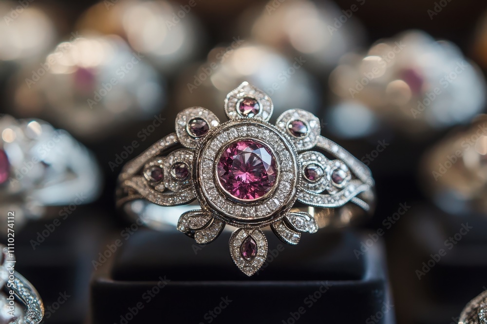 Intricate gemstone ring, silver setting with pink stones. Perfect for luxury, jewelry, and elegance themes. Intricate gemstone ring, silver setting with pink stones. Perfect for luxury, jewelry, and elegance themes.