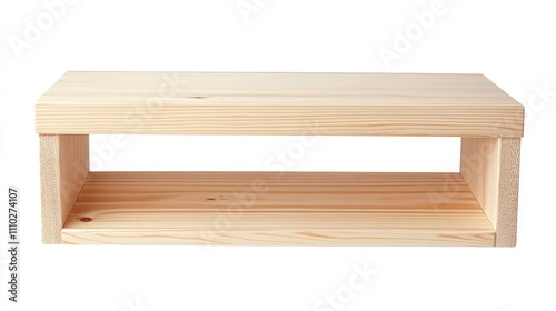 Empty pine wooden shelf on white background ideal for product display or creative staging showcasing texture and natural wood grain.