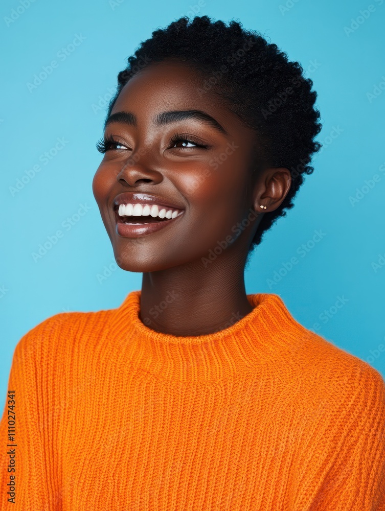 Happy emotions concept. Positive dark skinned beautiful young woman laughs poisitively looks aside with carefree face expression wears casual orange sweater isolated over blue studio background. Happy emotions concept. Positive dark skinned beautiful young woman laughs poisitively looks aside with carefree face expression wears casual orange sweater isolated over blue studio background.