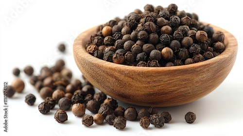 Fototapeta Naklejka Na Ścianę i Meble -  Closeup of whole black peppercorns in a wooden bowl with scattered seeds on a white background showcasing natural spices and culinary use.