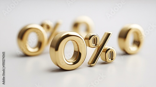 93.A set of 3D golden percent symbols placed on a pure white background. Each symbol is rendered with realistic reflections and smooth edges, giving a luxurious and elegant appearance. Subtle shadows