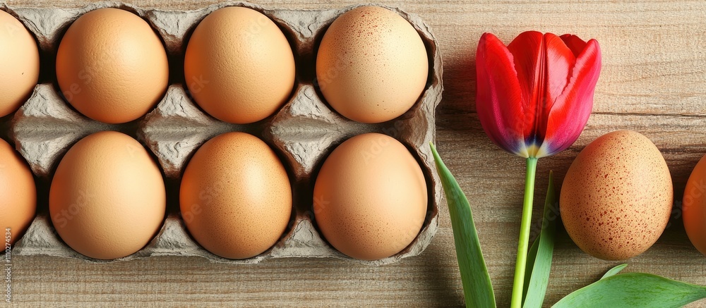 Fresh eggs in a carton alongside a vibrant red tulip on a wooden surface for a natural and culinary themed composition Fresh eggs in a carton alongside a vibrant red tulip on a wooden surface for a natural and culinary themed composition