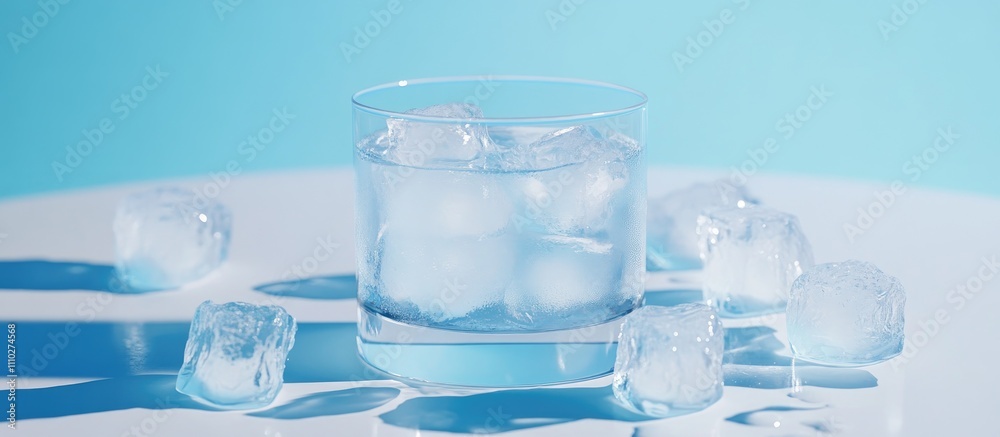 Refreshing glass of cool water with ice cubes on a bright blue background showcasing hydration and relaxation theme