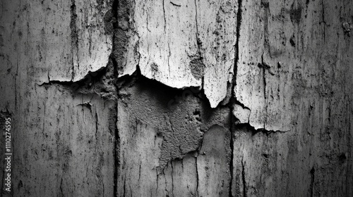 Cracked and peeling textures on aged concrete wall in high resolution showcasing distressed surface details and monochromatic tones photo