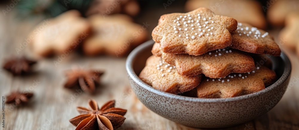 Ginger cookies arranged in a rustic bowl with star anise on a wooden table creating a warm holiday atmosphere Ginger cookies arranged in a rustic bowl with star anise on a wooden table creating a warm holiday atmosphere