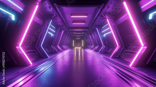 Neon light tunnel perspective. Vector realistic illustration of dark hall with triangular shape geometric lamps, purple and pink color illumination glowing in dark corridor, futuristic virtual portal