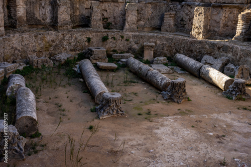 Rows of columns in Perge, Antalya, Turkey. Remains of colonnaded street in Pamphylian ancient city.Rows of columns in Perge, Antalya, Turkey. Ancient Kestros Fountain. Aksu, Antalya photo