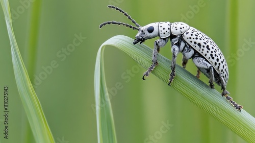 Closeup of a spotted long-nosed weevil resting on a green blade of grass in a natural outdoor setting showcasing intricate details. photo